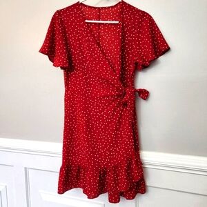 Lightweight Red Short Sleeve Polka Dot Wrap Ruffle Hem Dress Size S